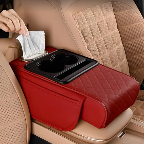 Image of SIAGO SIA399 Premium Car Armrest Cover | 5-in-1 Center Console Organizer with Cup Holder, Phone Slot, & Storage Bags | Anti-Slip PU Leather Cushion for Sedans & SUVs (Red)