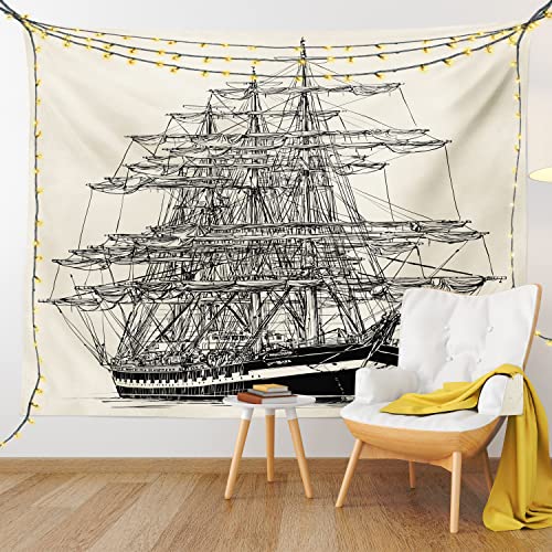 Ambesonne Pirate Ship Tapestry, Sailing Boat Detailed Illustration Nautical Maritime Theme Vintage Style Art, Wide Wall Hanging For Bedroom Living Room Dorm, 80" X 60", Cream Black #TOP11