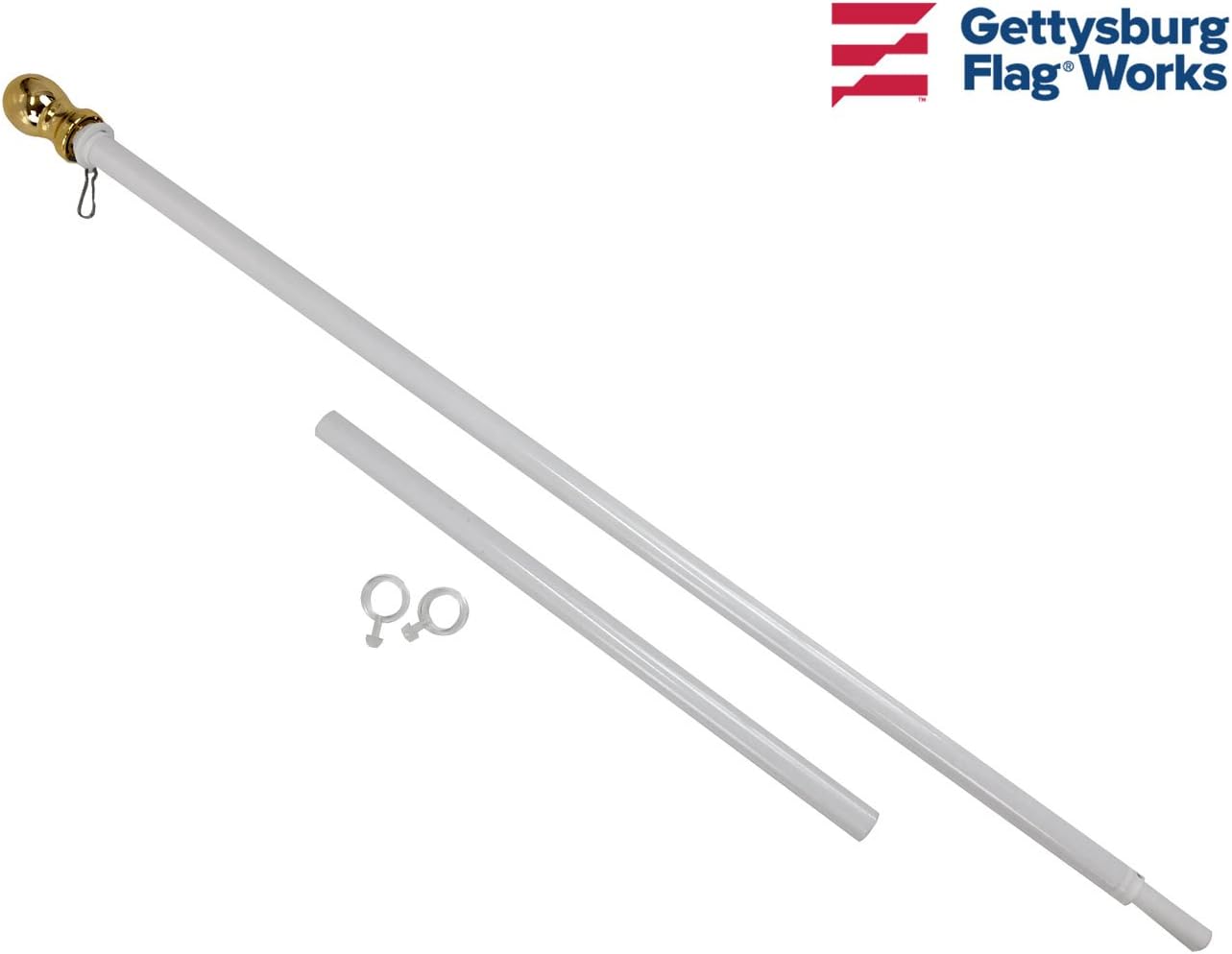 Gettysburg Flag Works 6' House Mounted Flagpole, 2 Piece White Aluminum Rotating Non-Tangle Pole with Gold Ball Top. Fits 1" Diameter Brackets