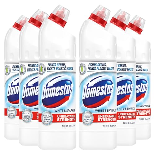 Domestos Thick Bleach White and Sparkle Multi-Purpose Disinfectant Anti-Bacterial Surface Cleaner Gel Limescale Remover for Toilet, Bathroom and Kitchen, 750ml (Buy 6)