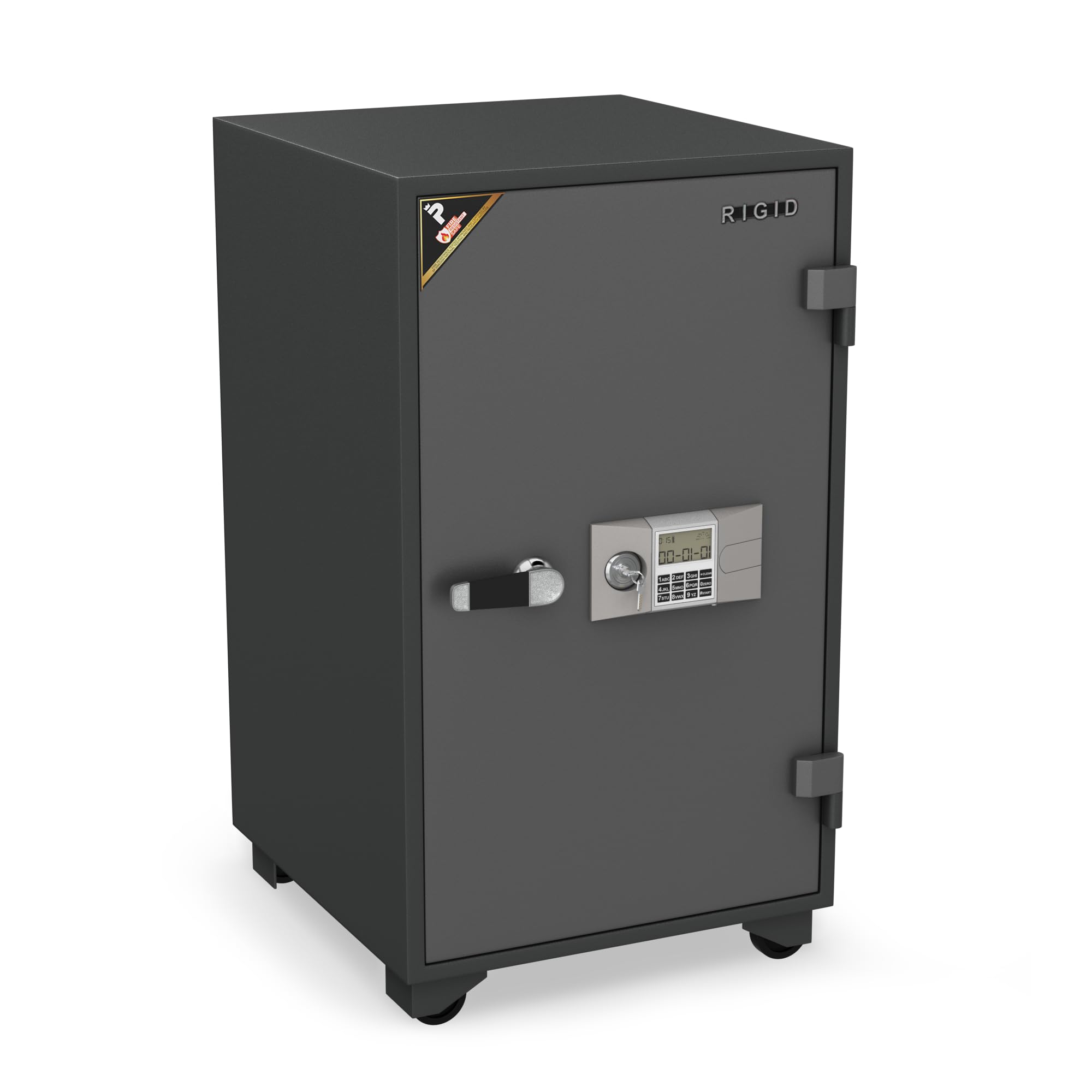 RIGID 120L Fire Resistant Safe | 60 Min/945°C NT FIRE 017 Rated | Digital & Key Lock with Alarm, Drawer & Wheels | 5-Layer Protection Adjustable Shelf for Office & Home (57D x 55W x 97H CM, Grey)