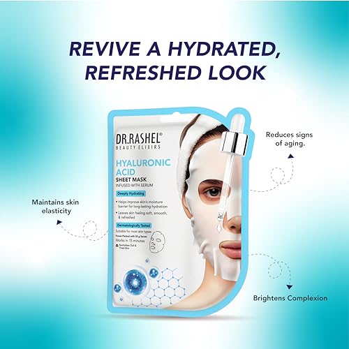 Image of DR.RASHEL Hyaluronic Face Sheet Mask With Serum For Women And Men | All Skin Types | Repairing & Nourishment | Soothing And Hydrating | Paraben Free | Pack Of 4 | 20 Grams Each