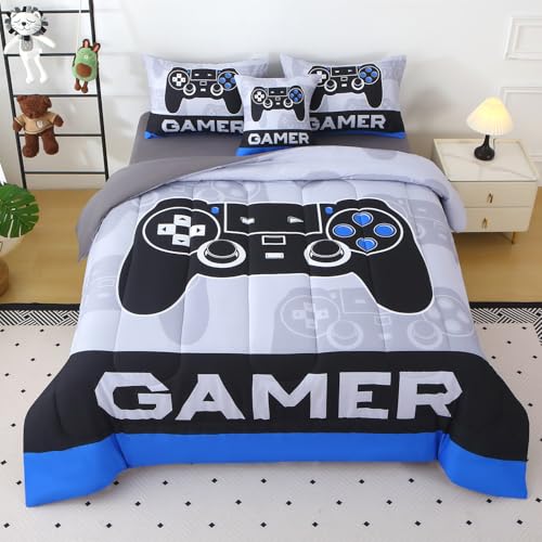 JQinHome Full Gamer Comforter Sets for Boys,6 Piece Bed in A Bag 3D Video Gamer Bedding -All Season Microfiber Gaming Bedding Set for Kids, with Sheet Sets (Cyber Blue)