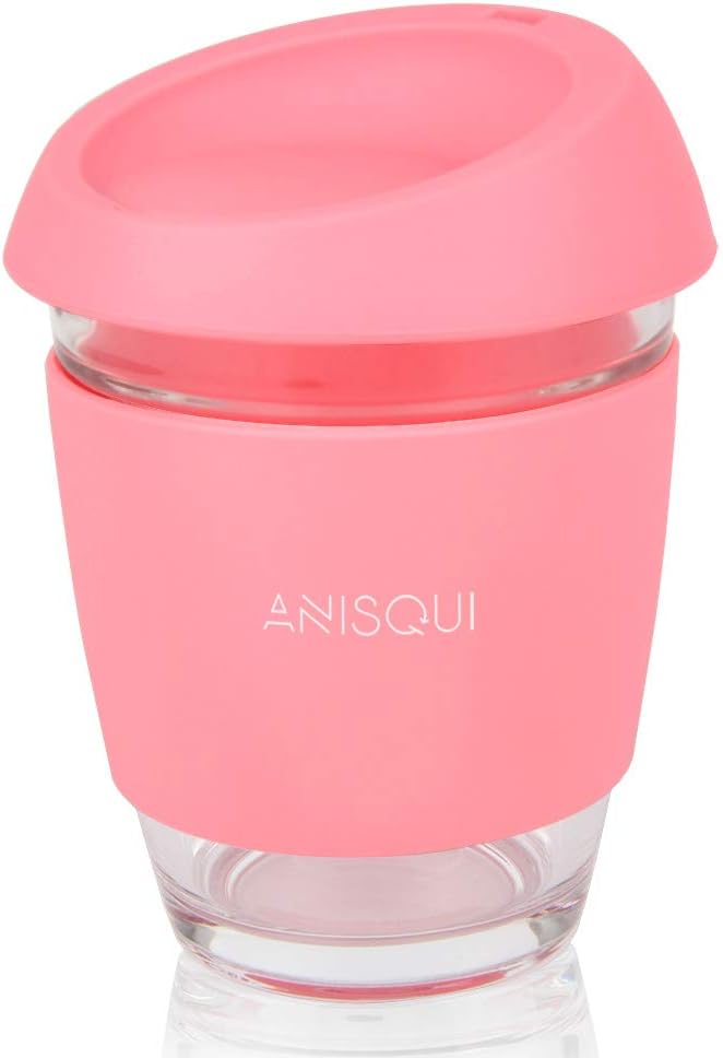 AniSqui Glass Travel Mug, 12oz 350ml Portable Coffee Cup with lid (Pink