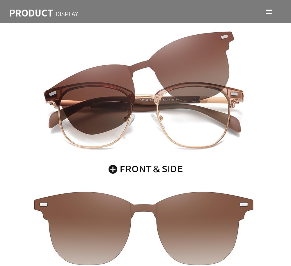 Blue Light Blocking Glasses with Polarized Clip On Sunglasses Lenses for Men Women Magnetic Multi-use Metal Frame Brown - Image 3