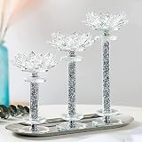 HAOFEI Crystal Candlestick Holders Set of 3 Clear Glass Candlestick Holders Filled with Silver Diamo