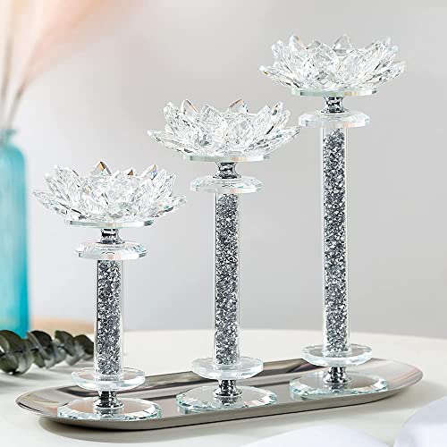 Haofei Crystal Candlestick Holders Set Of 3 Clear Glass Candlestick Holders Filled With Silver Diamond Great For Table Centerpieces And Table Decorations (Lotus) #TOP1