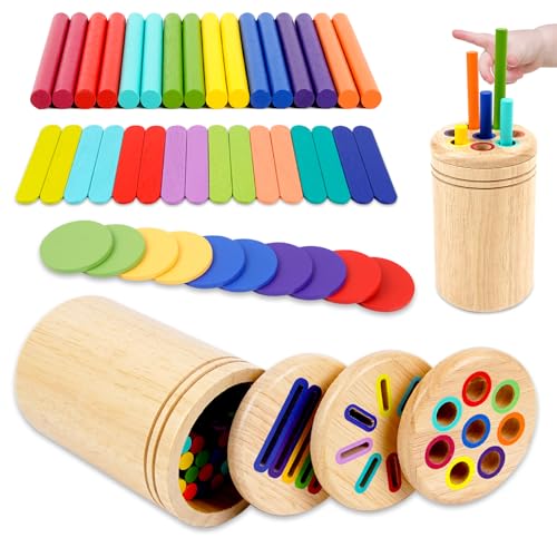 Pengshow 3 In 1 Montessori Toys, Wooden Color Sorting Toy, Shape Sorting Toy, Wooden Sorting and Stacking Toys, for 1 2 3 Year Old Educational Stackings Shape Sorter Learning Toy for Boys Girls