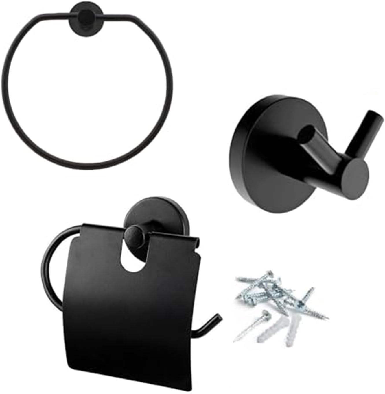 Badem10 Siyah Metal Sağlam Aparat Vidalı Lavabo Banyo Wc Bez Havlu Çatal Askı Tuvalet Kağıtlık 3'lü Set