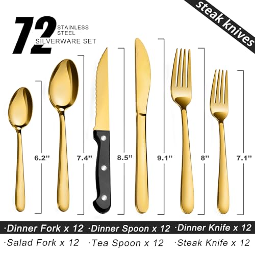 Pleafind 72Pcs Gold Silverware Set for 12 - Dishwasher Safe, Flatware Set with Steak Knives, Stainless Steel Cutlery Set, Include Forks Spoons and Knives Set, Utensil Sets for Home Restaurant by Pleafind - Image 2