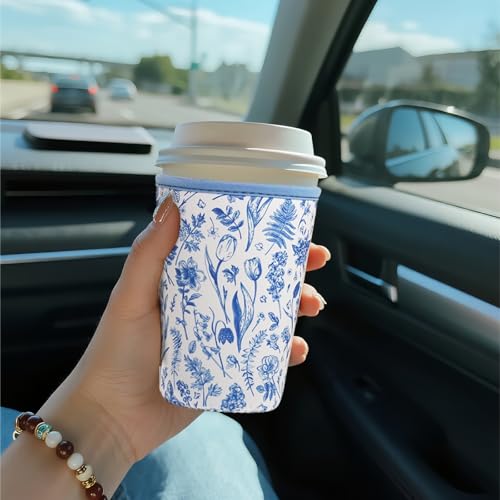 Image of Reusable Insulated Sleeve for Iced Coffee Cup, Coffee Neoprene Sleeve for Cold & Hot Drinks, Beverage Holder for Iced Coffee (Blue Fern Florals, Small: 16-18oz)