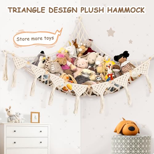 Lunriwis Kuscheltier Aufbewahrung Netz, Boho Makramee stofftier Spielzeug Lagerung hängende Tasche, Aufbewahrung Kuscheltiere Lagerung Netz Spielzeugaufbewahrung kinderzimmer Weiß