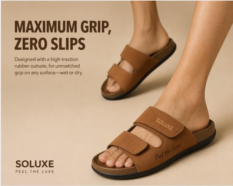 Image of SOLUXE Men's Royal Slippers | Adjustable Hook & Loop Strap | Lightweight Footwear | Home & Outdoor Mens Footwear | Casual Wear |Everyday Use - Tan