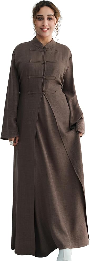 2PCS Women Muslim Abaya Dress Stand Collar Full Coverage Cardigan Dress Set