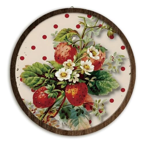 BIWSHA Vintage Cottagecore Strawberry Wall Art Decor, Strawberry Floral Fruit Round Wooden Wall Hanging Decor for Kitchen Dining Room Home Bedroom Living Room, 10 Inch Diameter