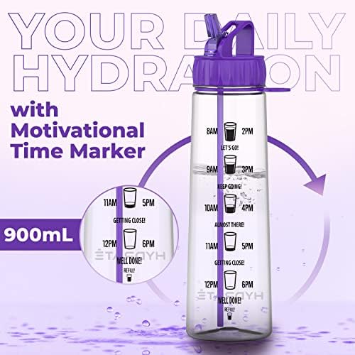 HYDRATE 900ml Water Bottle with Straw and Motivational Time Markings, BPA Free, Flip Cap, Drop Proof Sports Water Bottle, Ideal for Gym, Extra Strong Material Water Bottles with Straw (Purple)