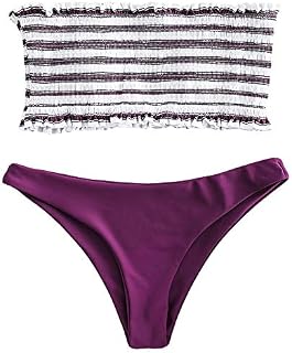 ZAFUL Women's Strapless Striped Frilled Smocked Two Piece Bandeau Bikini Set