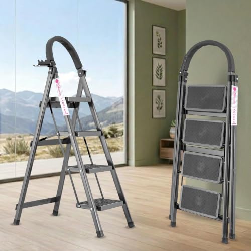 Image of Casa Copenhagen Grey 4 Step Ladder for Home Use with Built-in Tool Tray | Heavy Duty D Shape Rods | Ultra Large Platform | Secure Lock and Stability | 150Kg Capacity Foldable Ladder - 7 Years Warranty