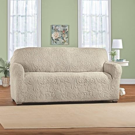 S M Ent. Embossed Tropical Design Stretch Furniture Cover-Taupe- Loveseat-Size-68 L x 114" W