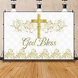 8x6FT God Bless Backdrop Golden Holy Cross God Bless Photography Background First Holy Communion Baptism Background Gold and White Floral Pattern Decor Newborn Baby Shower Photo Booth