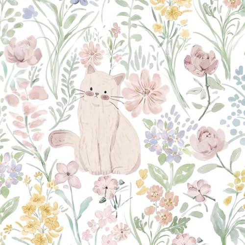 Image of Yomshi Peel and Stick Wallpaper Lovely Retro Wall Paper Roll 44 x 1000 cm Pink Cat and Floral Vinyl Wallpaper Contact Paper for Cabinet Table Wall Bedroom Upgrade Removable Easy to Install