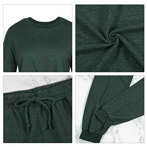 Women 2 Piece Sweatsuit Outfit Set Long Sleeve Pullover Casual Jogger Pants Loungewear With Pockets Dark Green L #TOP4