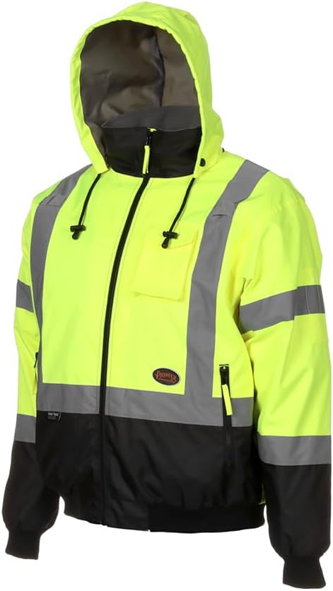 Pioneer Hi Vis Safety Bomber for Men - Waterproof, Reflective ANSI Class 3 Winter Rain Jacket with Detachable Hood