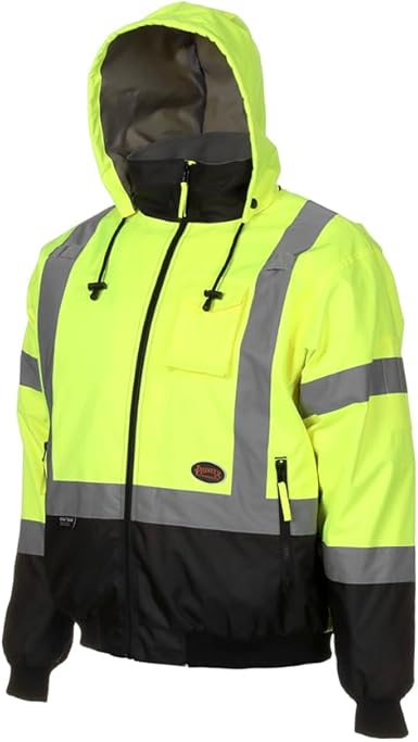 Pioneer Hi Vis Safety Bomber for Men - Waterproof, Reflective ANSI Class 3 Winter Rain Jacket with Detachable Hood