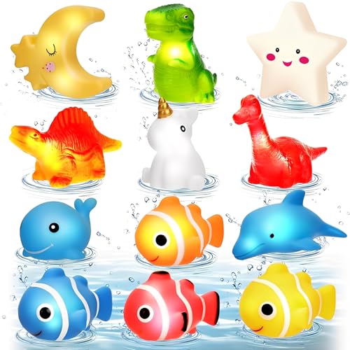 LURICO Giocattolo da Bagno,12 pezzi Giocattoli LED Illuminati per Bambini, Delfino Luna Stella Galleggianti in Gomma per Vasca, 6+ Mesi