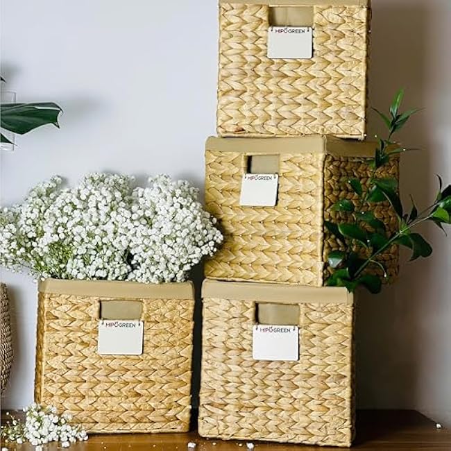 Foldable Storage Cubes - Set of 4 Water Hyacinth Baskets, 10.5 x 10.5 x 10.5 Inches, Wicker Bins for Shelf, Closet, Laundry