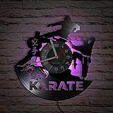 Timethink Reloj de pared de karate de 12 pulgadas, 7 tipos de color LED, clásico, decorativo, analógico, negro, disco de vinilo negro, reloj de pared silencioso de cuarzo sin tictac, para habitación