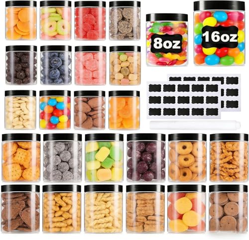 Large & Small Plastic Jars Combo (24 Pack) 12 Large 16 oz & 12 Small 8 oz Leak-Proof Clear Containers with Lids Mason Jars Perfect for Storing Spices Cookie Candy and Dry Food Empty Jars