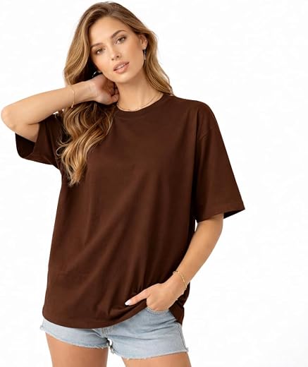 ENCLIFF Women Oversized T-Shirt – Baggy Fit Drop Shoulder Tee | Cotton Rich Fabric | Half Sleeve Round Neck | Casual Comfo...