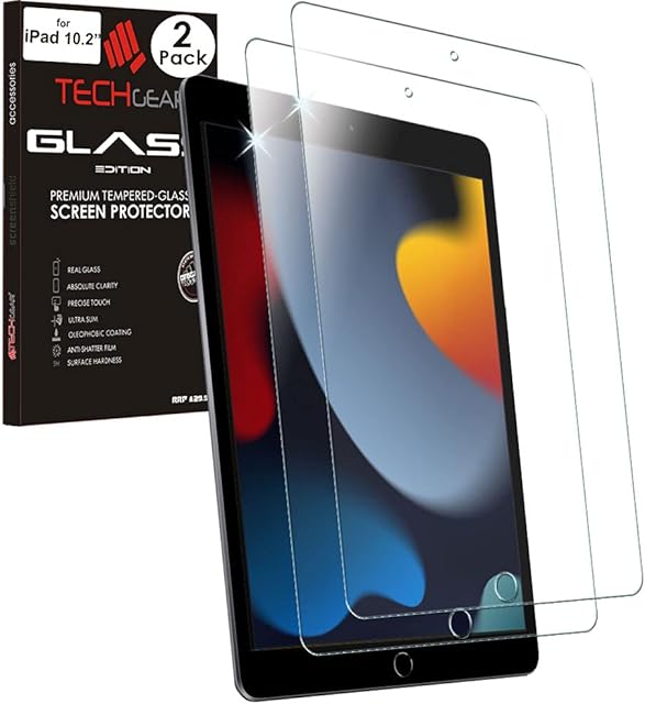 TECHGEAR 2 Pack iPad 10.2" 2021 2020 2019 GLASS Screen Protector, Tempered Glass Screen Protector [9H Hardness] [Crystal Clarity] [Scratch-Resistant] [No-Bubble] for iPad 10.2" 9th 8th 7th Generation