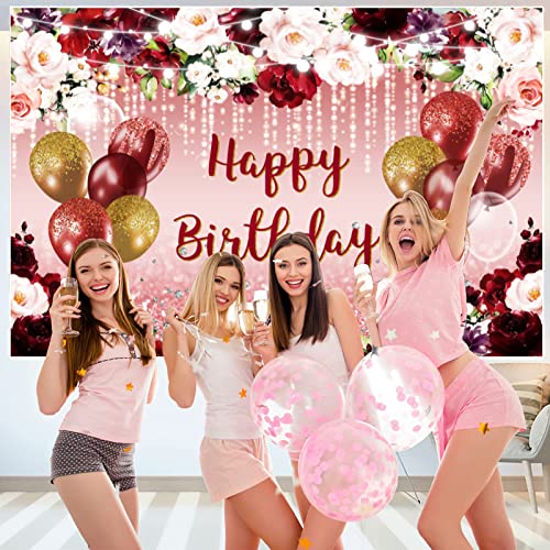 Inmemory Burgundy Floral Happy Birthday Backdrop For Women Glitter Rose Gold Balloons Bday Photography Background Pink Flower Diamond Decoration For Girls Sweet Birthday Party Banner Photo Booth 6X4Ft #TOP1