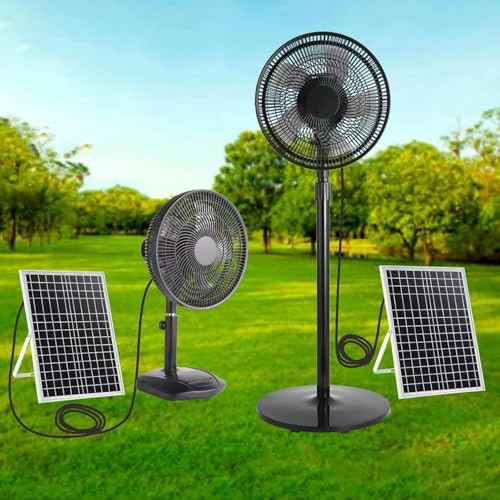Ventilador solar portátil de pie – Ventilador de pie oscilante recargable con panel solar y batería para el hogar, oficina y uso al aire libre