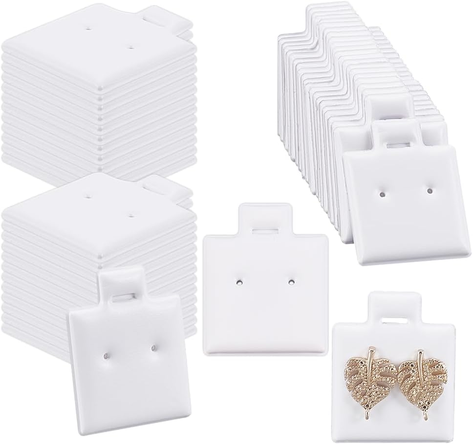 NBEADS 100 Pcs Earring Display Cards, Puff Earring Cards PVC Jewelry Hanging Display Cards Earring Holder Cards with Paper Packaging Box for Earrings Jewelry Display, White, 1x1.24Inch