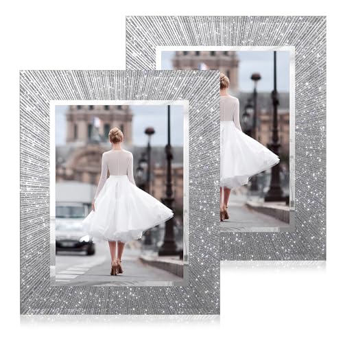 Flocey 6x8 Picture Frame Glass 2 Pack, Sparkly Glitter Photo Frame 6 x 8 Mirror Crystal Wedding Gift Wall and Tabletop Display