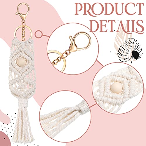 Junkin Macrame Boho Keychains Bulk Handcrafted Aesthetic Key Chain With Tassel For Women Car Key Purse Wallet Beige (12 Pieces) #TOP2
