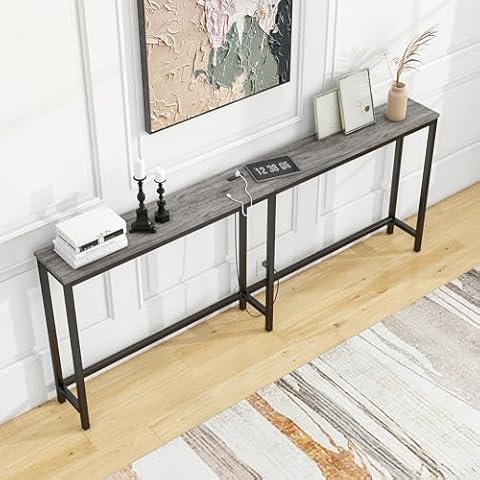 BOFENG 71.5 Inch Thin Console Table with Power Outlets,Narrow Sofa Table with Charging Station,Long Side Table Behind Sofa Couch Table for Entryway,Hallway,Living Room,Foyer,Grey Cover