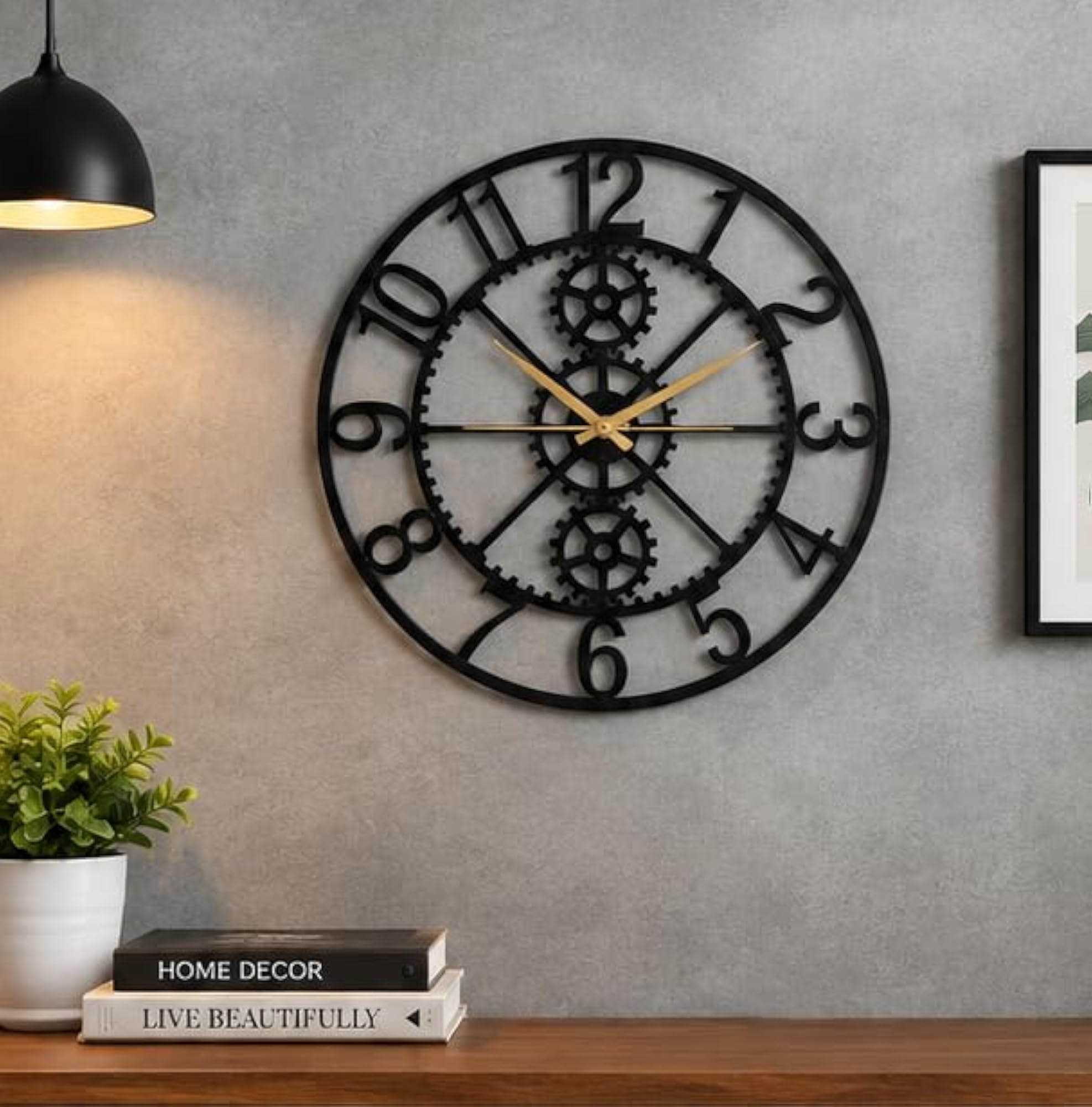 Industrial Gear Wall Clock, Black with Gold Hands