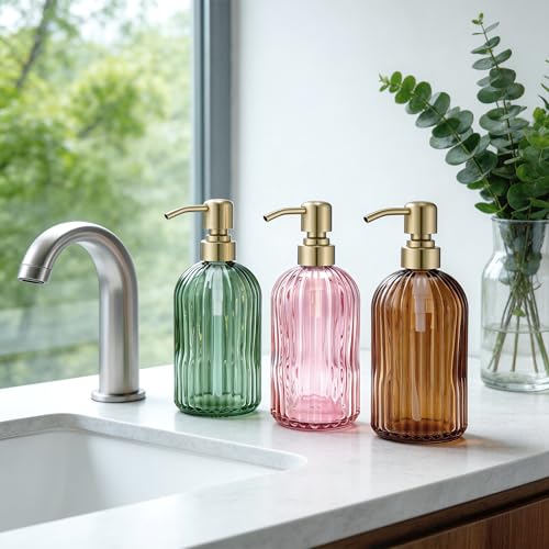 Image of 16 OZ Pink Glass Soap Dispenser,Clear Pink Stripe Bathroom Hand Soap Dispensers with Stainless Steel Gold Pump, Pink Kitchen Hand Soap Dispenser with Brushed Gold Pump