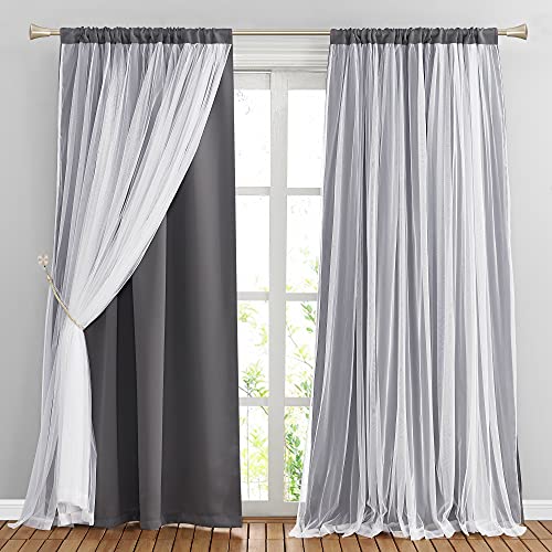 PONY DANCE Living Room Curtains - White Sheer Overlay Thermal
