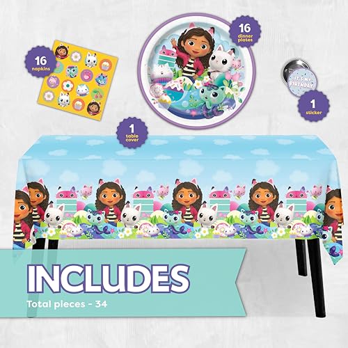 Gabby Dollhouse Party Decorations | Gabby Dollhouse Birthday Decorations | Tablecover, Plates, Napkins, Button | Serves 16 |
