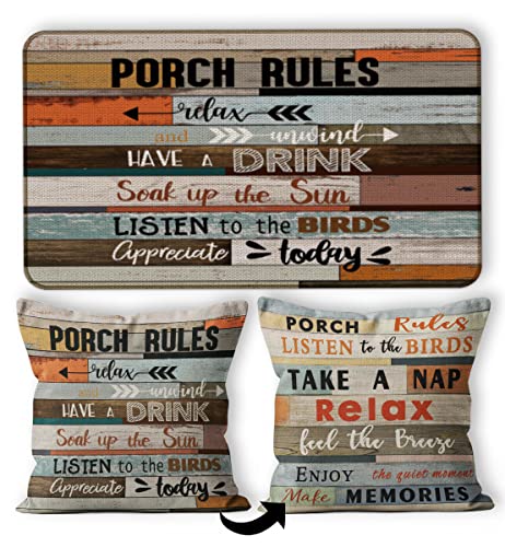 M-Qizi Porch Rules Decorative Doormat 17”X30”,Porch Rules Relax Take A Nap Retro Reversible Throw Pillowcase 18”X18”,Set Of 1 Pillow Cover 1 Doormat,Farmhouse Home Porch Patio Garden Door Decor #TOP15