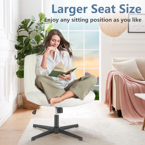 Image of DUMOS Criss Cross Chair No Wheels, Cross Legged Office Desk Armless Vanity Chair Wide Seat, Height Adjustable Swivel Task Computer Chairs for Home Bedroom, Beige Teddy