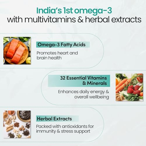 Zingavita Omega 3 Fish Oil Capsules 1000mg with Multivitamin| Omega 3 Supplement with 180 mg EPA,120 mg DHA,Ashwagandha for Energy,Heart,Joints & cholesterol Support