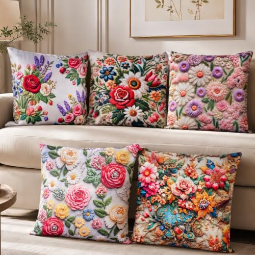 Image of Decorative Satin Sofa Cushion Covers Set of 5, 24 Inch x 24 Inch, Multicolor 3D Floral Sofa Pillow Covers, Embroidery-Effect HD Digital Print, Zipper Closure (Rosella, 24X24 Inches)