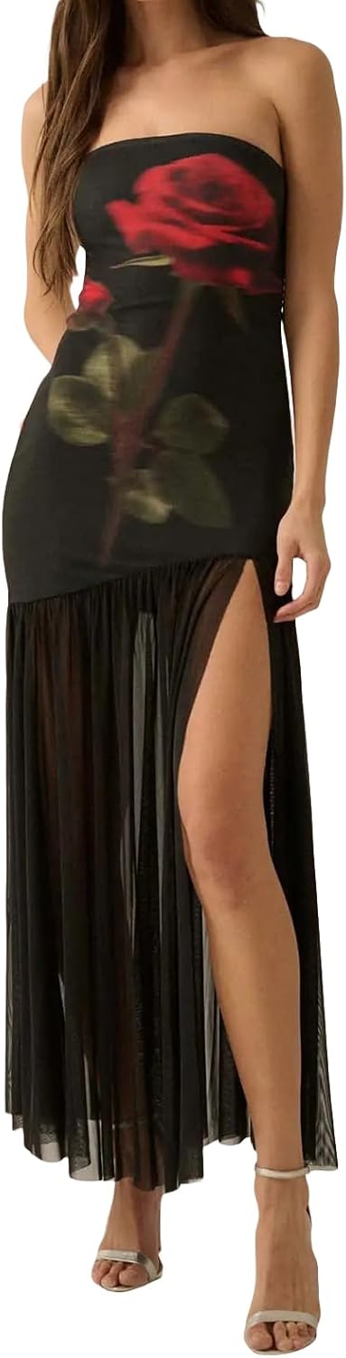 Women's Tube Top Dress Sexy High Slit Strapless Maxi Dress Flowy Sheer Mesh Patchwork Outfit Cocktail Party Clubwear