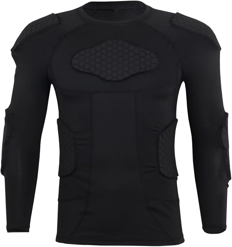 Men’s Padded Compression Shirt Long Sleeve Shoulder Chest Rib Protector T-shirt